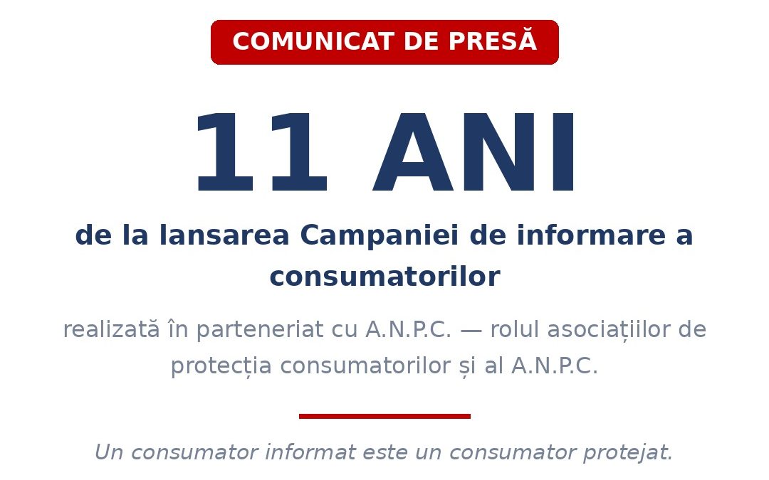 11 ani de la lansarea Campaniei de informare a consumatorilor, realizată în parteneriat cu A.N.P.C., cu privire la rolul Asociațiilor de protecția consumatorilor și al A.N.P.C.