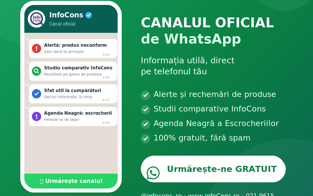 Aboneaza-te gratuit la canalul oficial WhatsApp InfoCons - unicul mijloc gratuit si transparent de informare a consumatorilor
